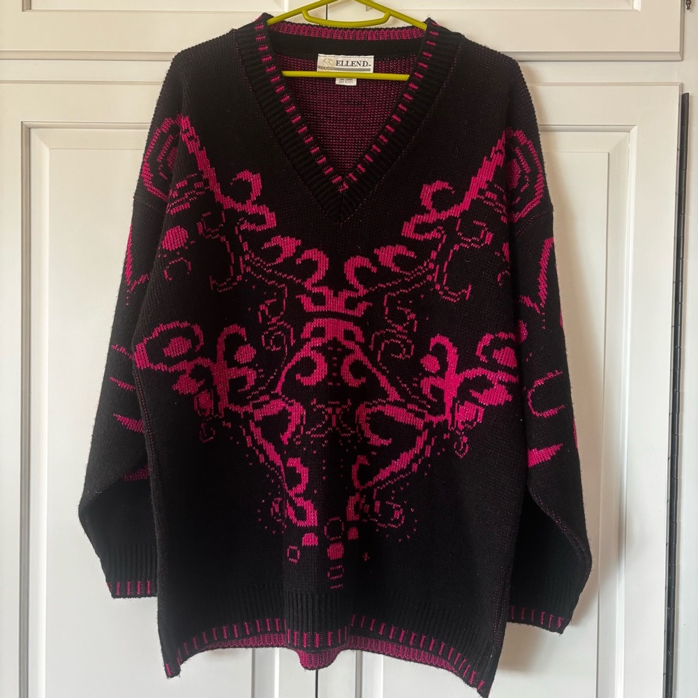 Vintage Women’s Bright Pink Black Sweater Top Shirt Metallic Long Sleeve XL 80s